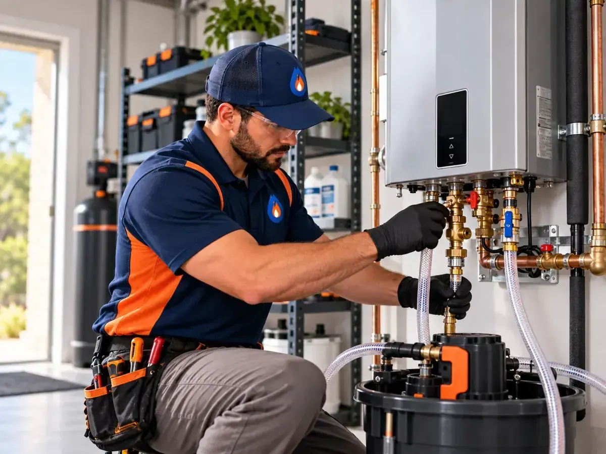 Technician performing tankless water heater maintenance relevant to Schertz water conditions