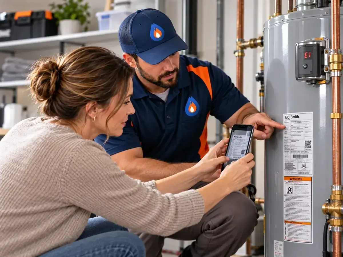 Homeowner taking a photo of a water heater model label while a technician points out useful information