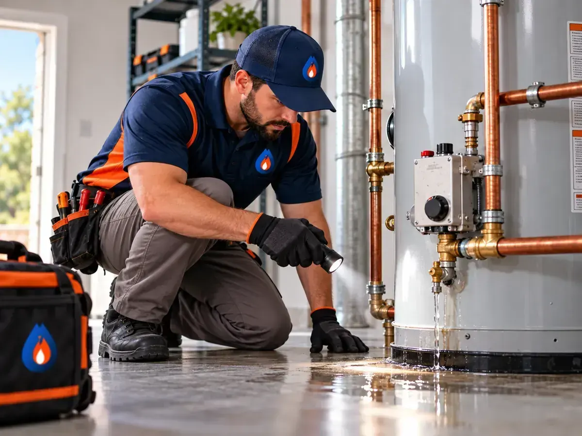 Technician tracing the source of a leaking water heater in Schertz, TX