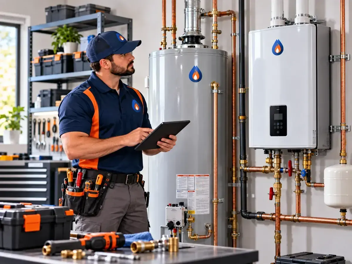 Technician comparing tank and tankless water heater systems for service and installation