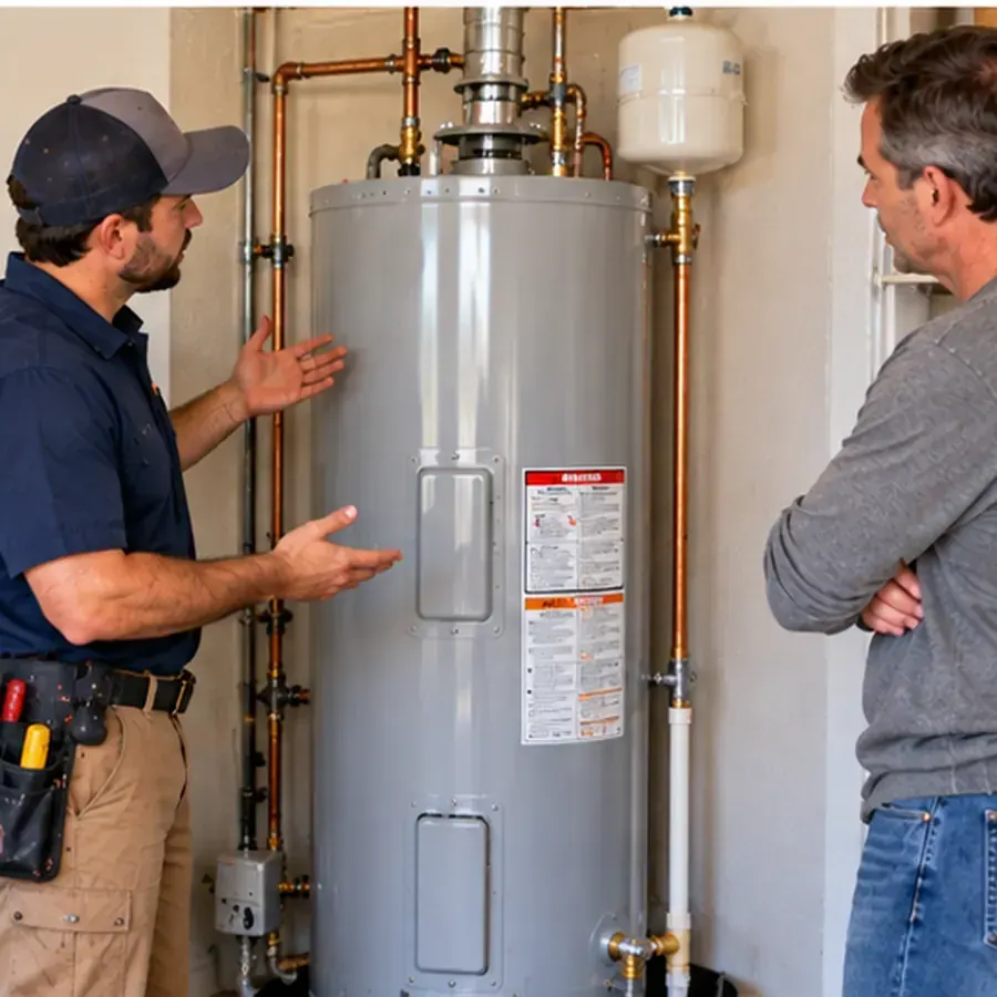 Technician explaining an electric water heater repair to a Schertz homeowner