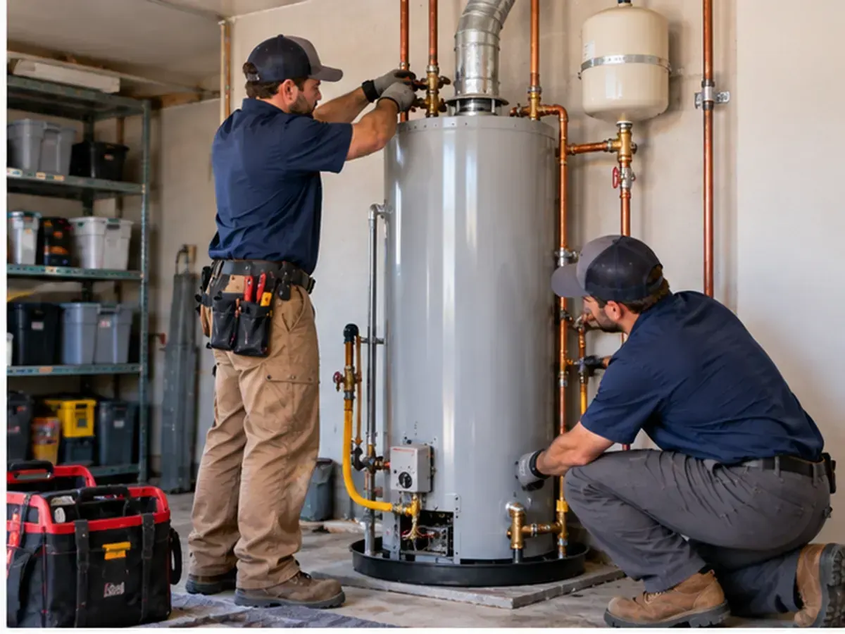 Technicians installing a gas water heater in a Schertz, Texas garage