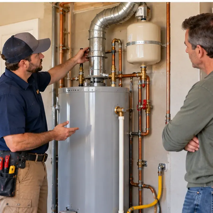 Technician reviewing a gas water heater installation with a Schertz homeowner