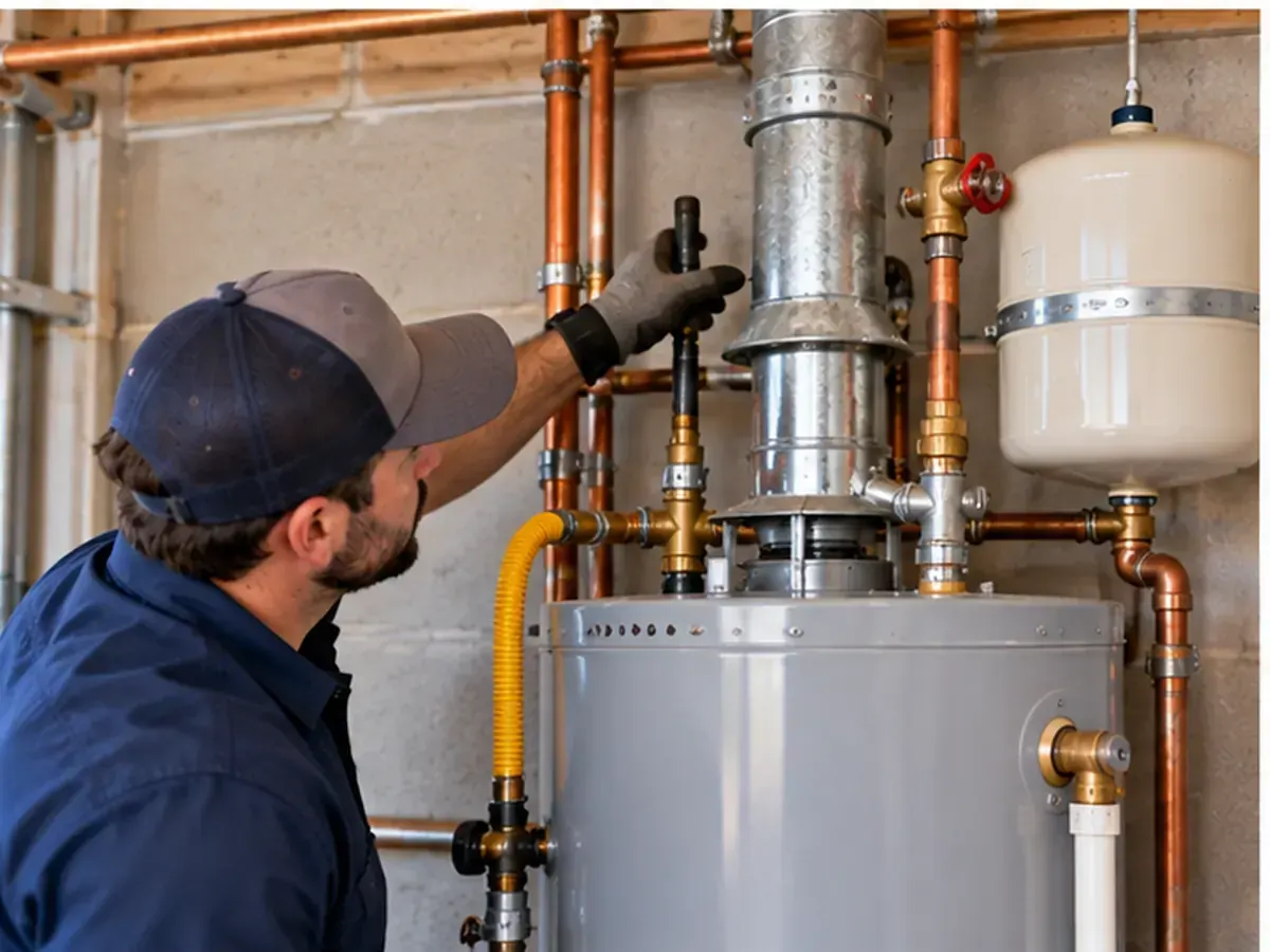 Technician checking gas water heater venting and piping in Schertz, Texas