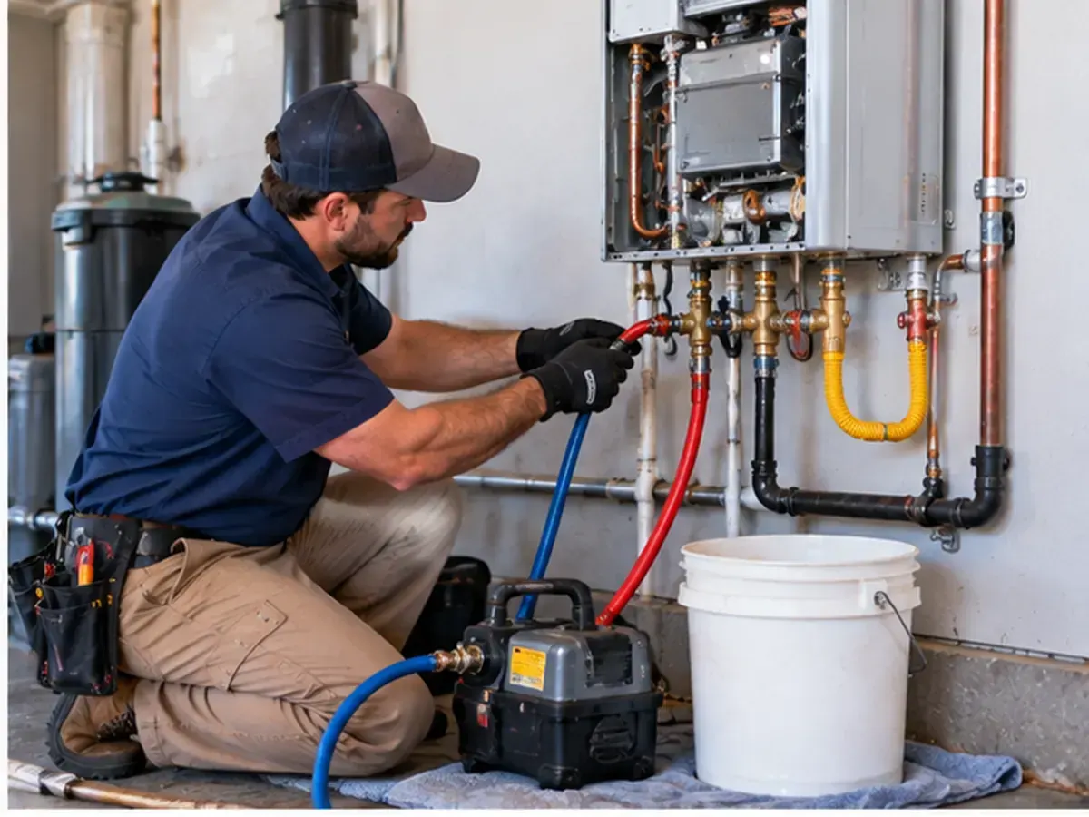 Technician flushing and servicing a tankless water heater in Schertz, Texas