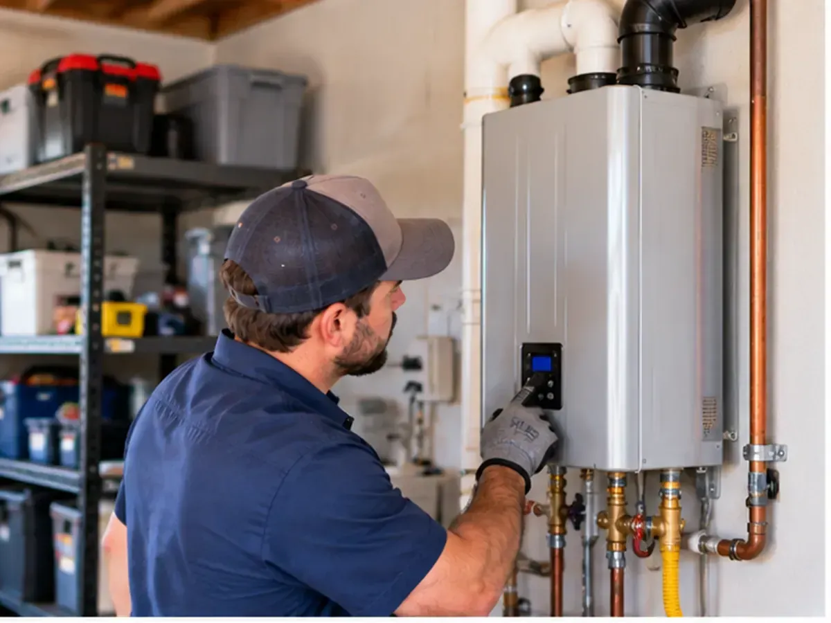 Technician inspecting a tankless water heater in a Schertz, Texas home