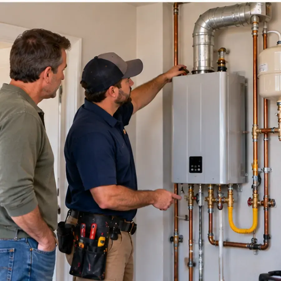 Technician reviewing a tankless water heater installation with a Schertz homeowner