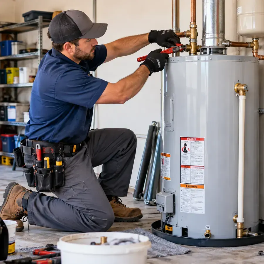 Technician checking water heater connections in a Schertz, Texas home