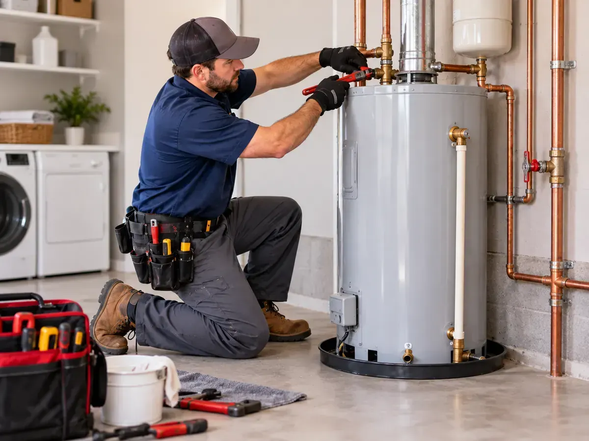 Technician installing a water heater in a Schertz, Texas utility area