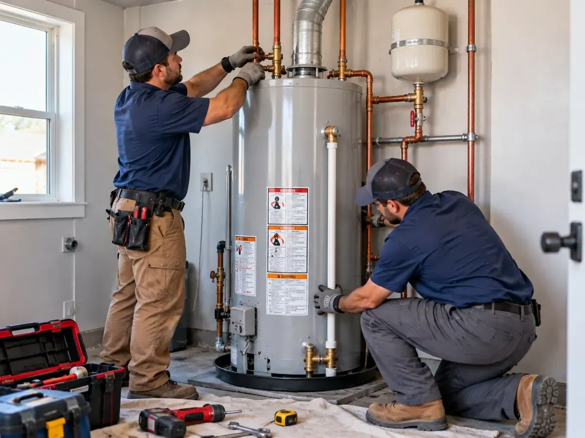 Water heater installation technicians fitting a new storage tank in a Schertz, Texas home