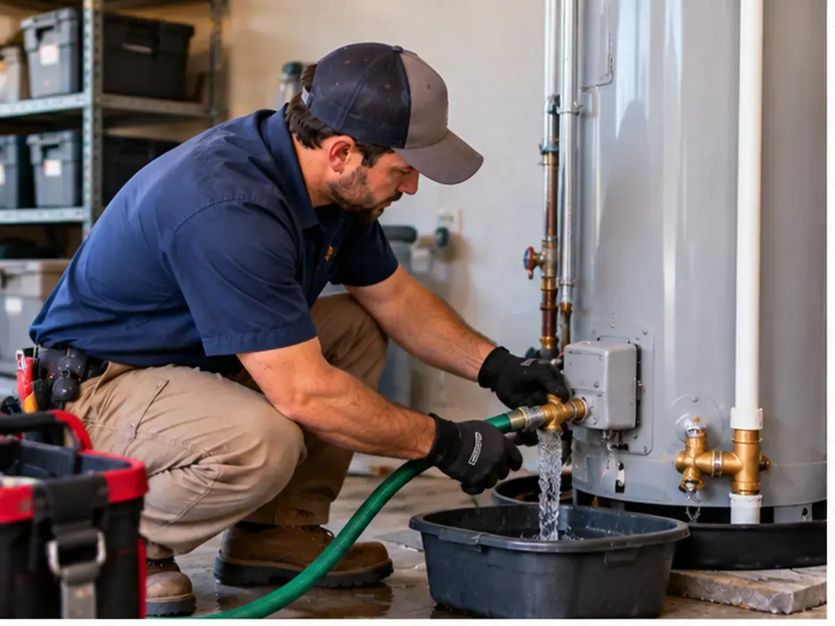 Technician flushing a water heater during maintenance in Schertz, Texas