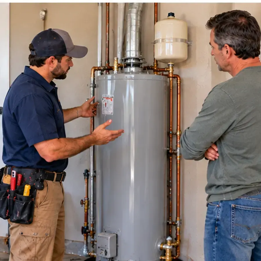 Technician explaining water heater maintenance to a homeowner in Schertz, Texas