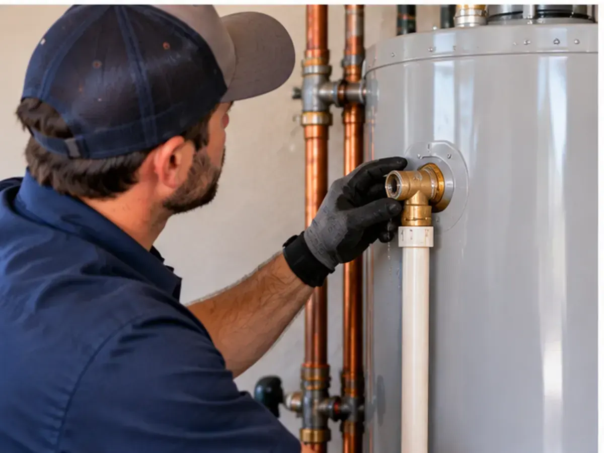 Technician checking a water heater relief valve during maintenance in Schertz, Texas