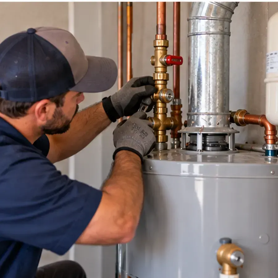 Technician checking water heater replacement connections in Schertz, Texas